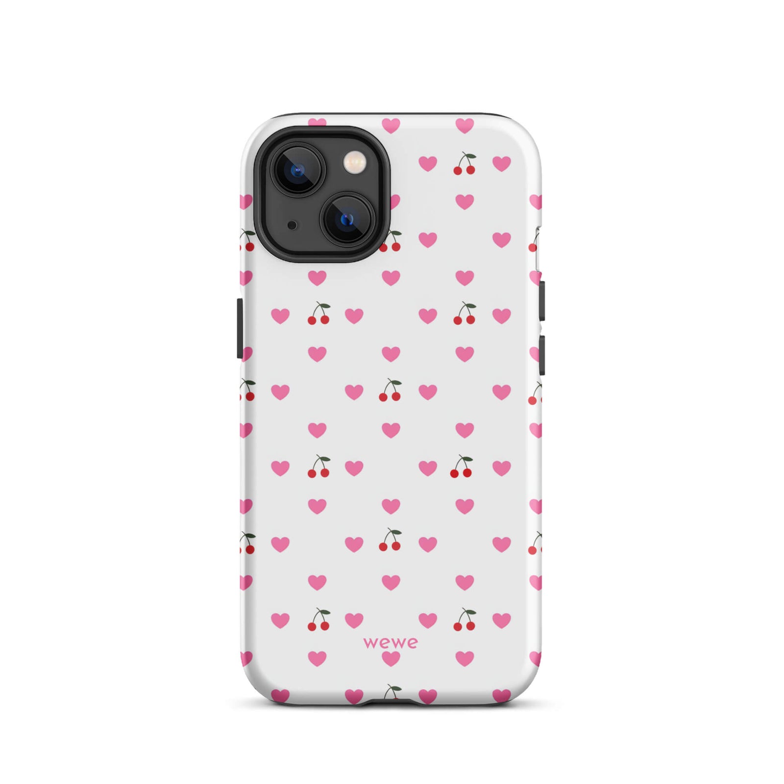 Custom iPhone case 13 with a seamless texture pattern of small pink hearts and red cherries on a white background.