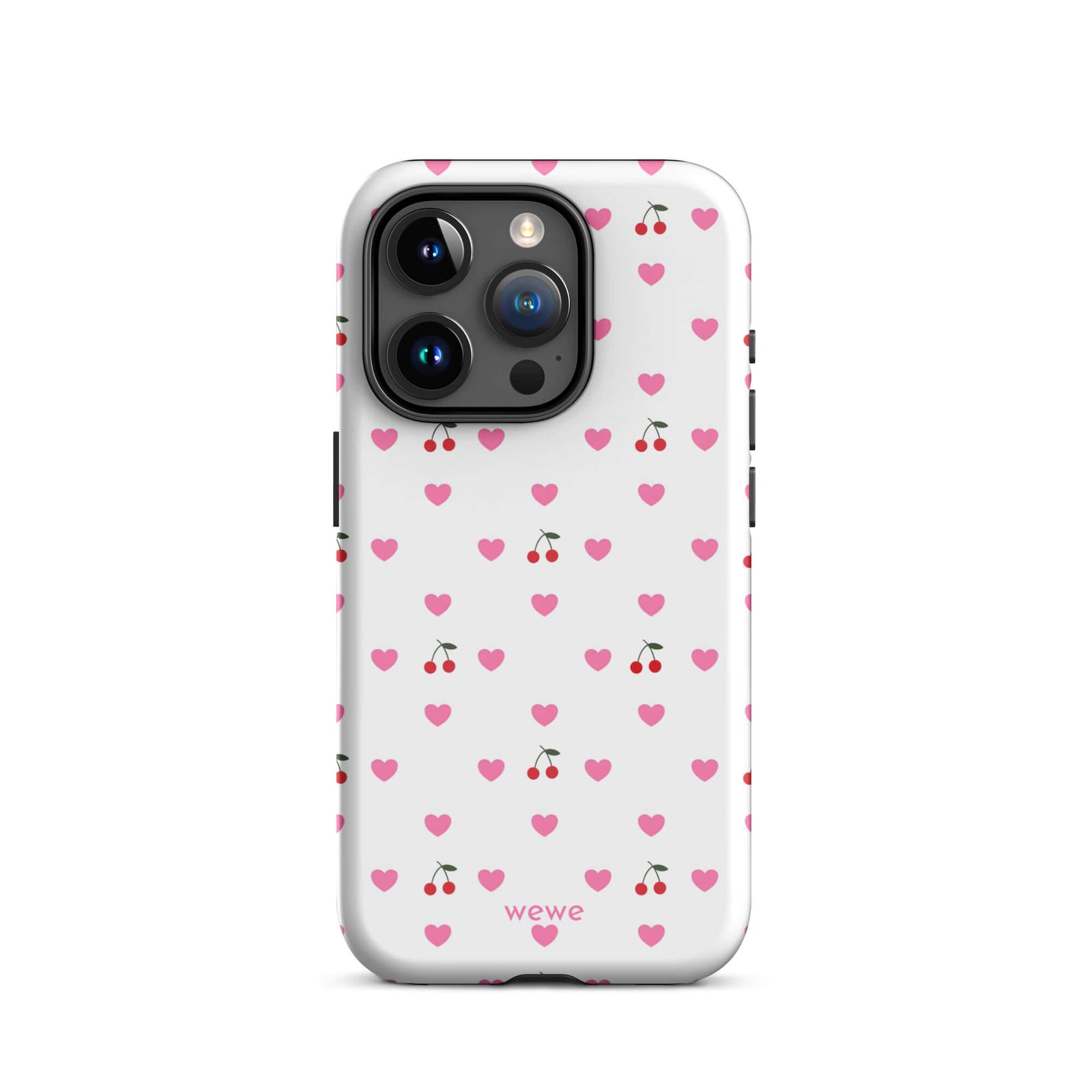 Custom iPhone case 15 pro with a seamless texture pattern of small pink hearts and red cherries on a white background.