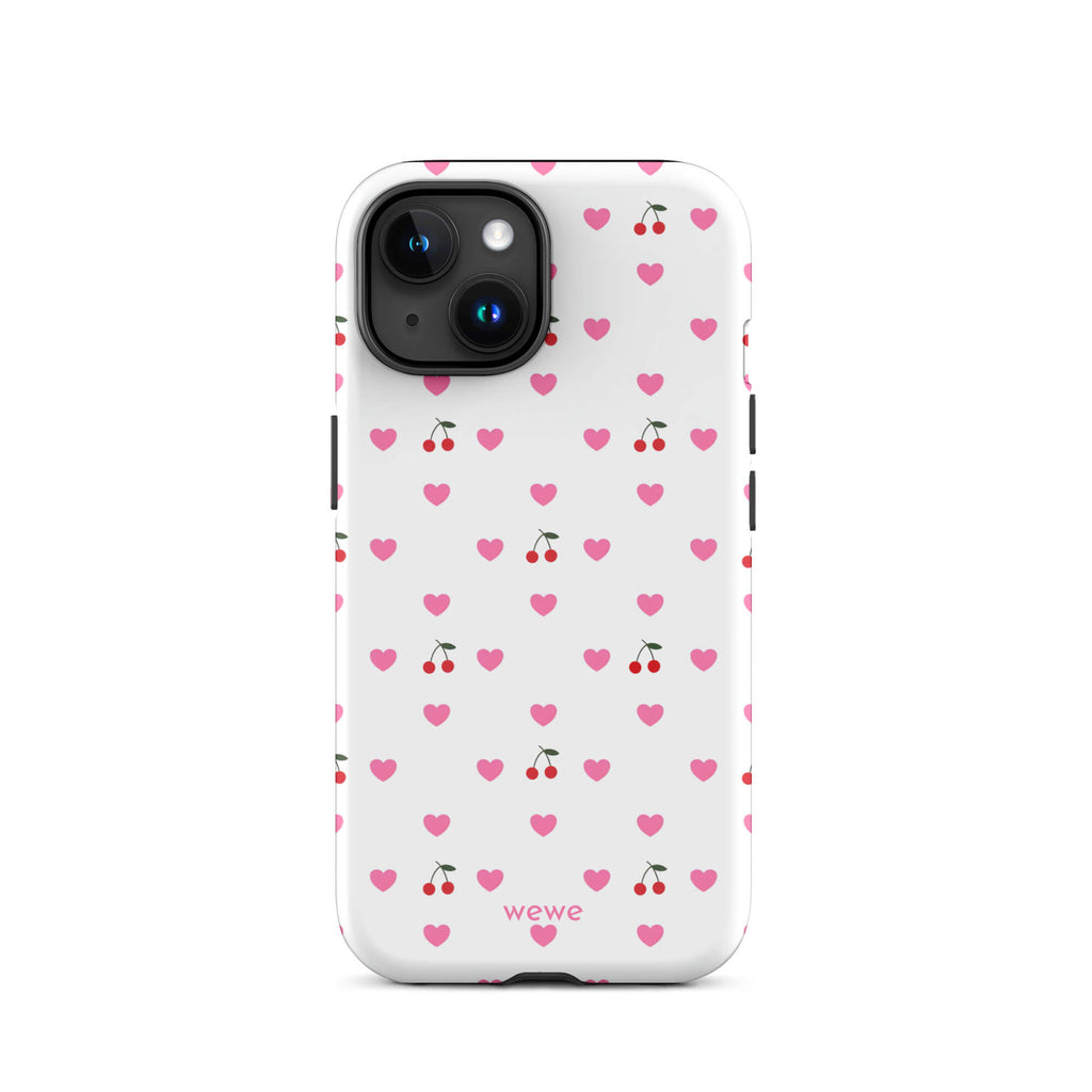 Custom iPhone case 15 with a seamless texture pattern of small pink hearts and red cherries on a white background.