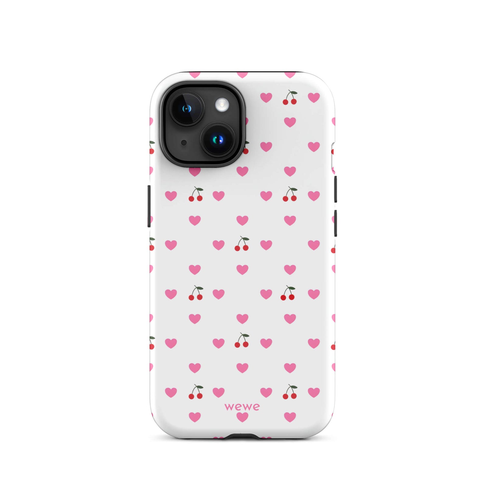 Custom iPhone case 15 with a seamless texture pattern of small pink hearts and red cherries on a white background.