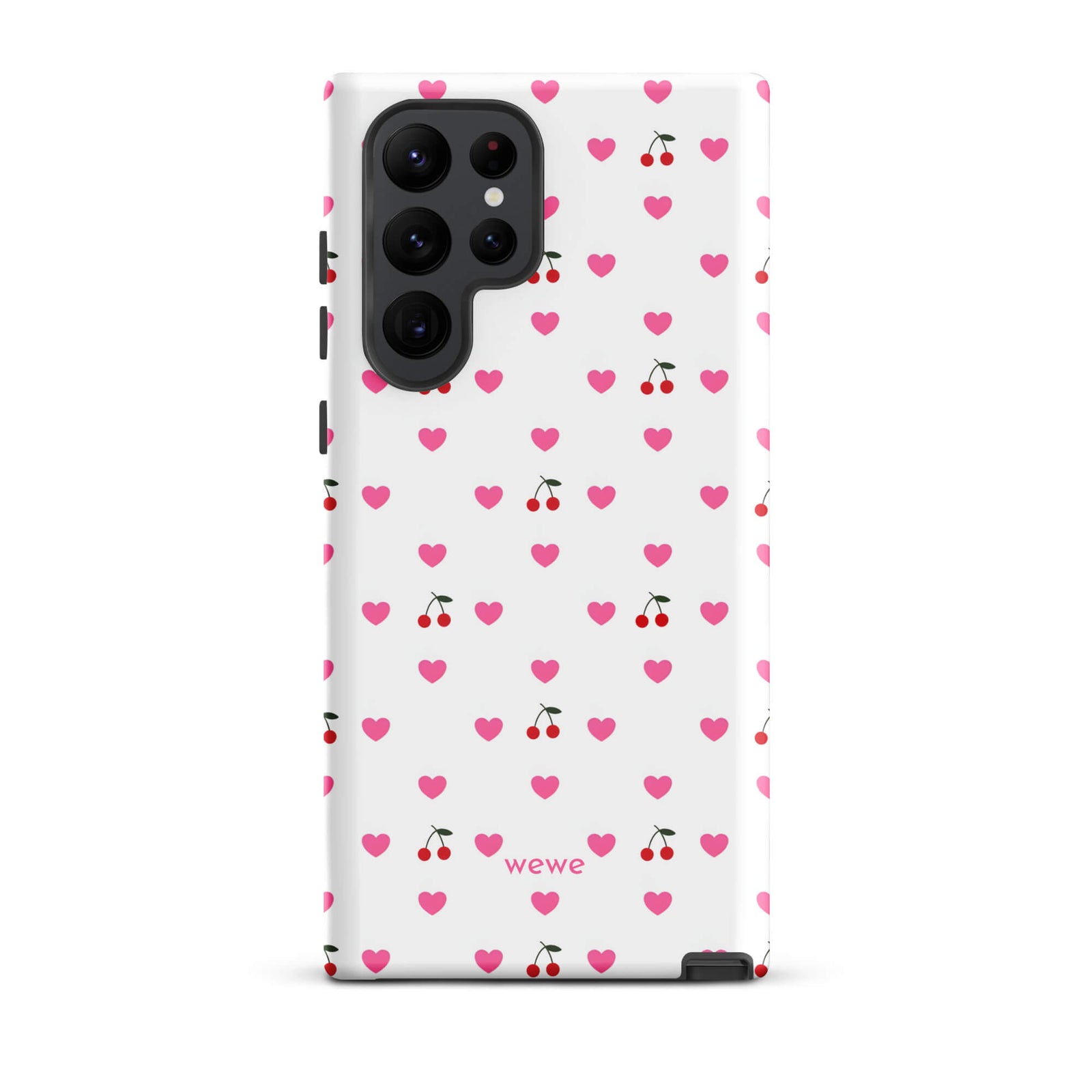 Custom samsung galaxy s22 ultra  Phone case with a seamless texture pattern of small pink hearts and red cherries on a white background.