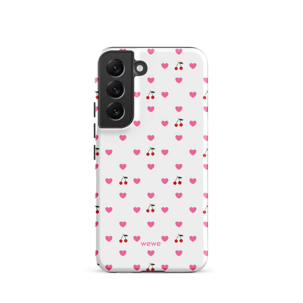 Custom samsung galaxy s22 Phone case with a seamless texture pattern of small pink hearts and red cherries on a white background.
