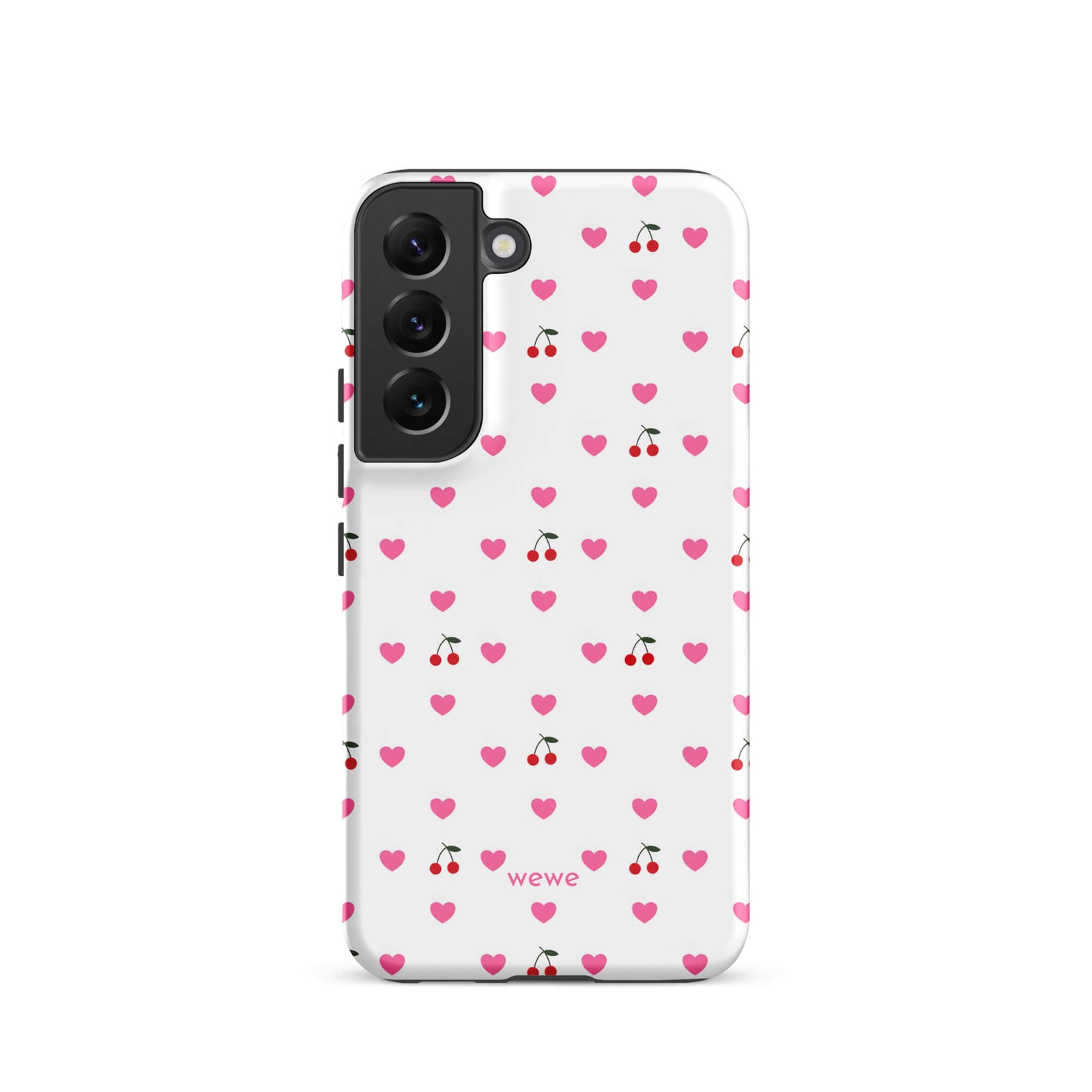 Custom samsung galaxy s22 Phone case with a seamless texture pattern of small pink hearts and red cherries on a white background.