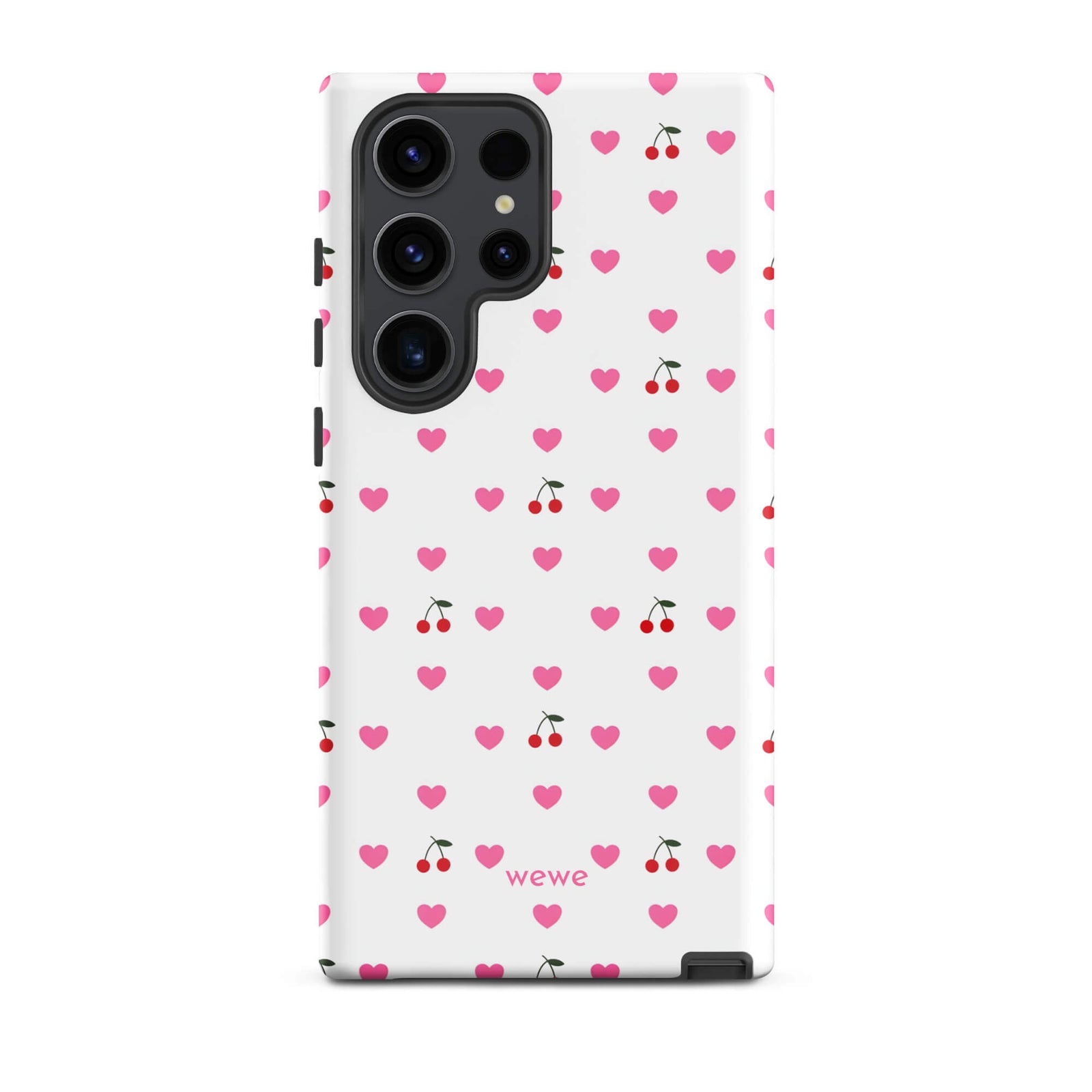 Custom samsung galaxy s23 ultra  Phone case with a seamless texture pattern of small pink hearts and red cherries on a white background.