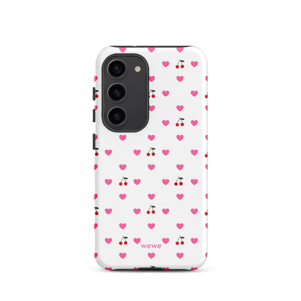 Custom samsung galaxy s23 Phone case with a seamless texture pattern of small pink hearts and red cherries on a white background.