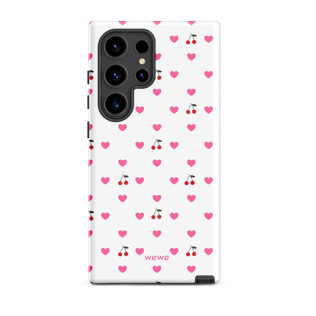 Custom samsung galaxy s24 ultra  Phone case with a seamless texture pattern of small pink hearts and red cherries on a white background.