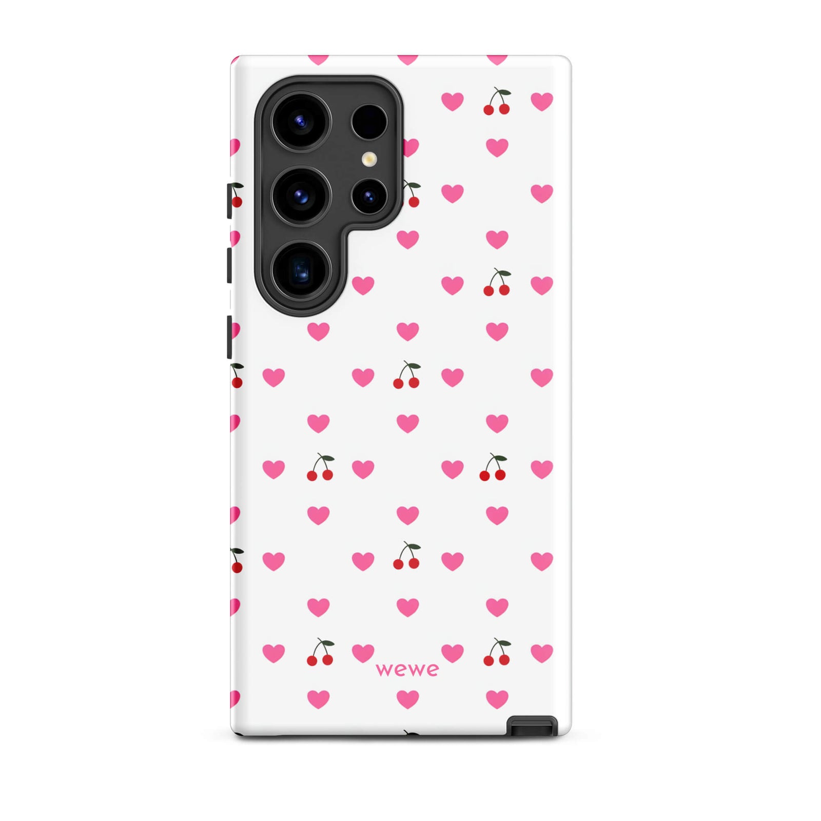 Custom samsung galaxy s24 ultra  Phone case with a seamless texture pattern of small pink hearts and red cherries on a white background.