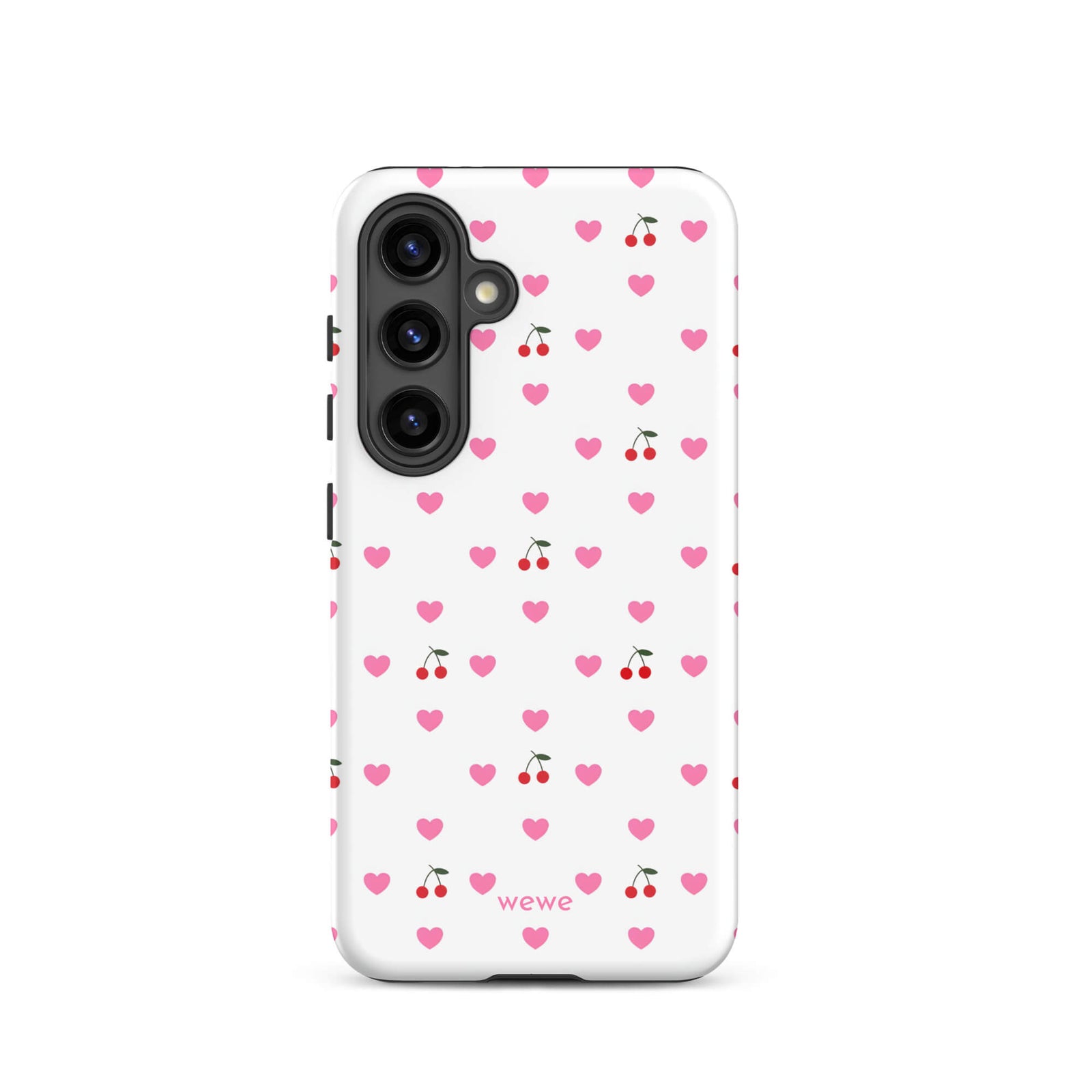 Custom samsung galaxy s24 Phone case with a seamless texture pattern of small pink hearts and red cherries on a white background.