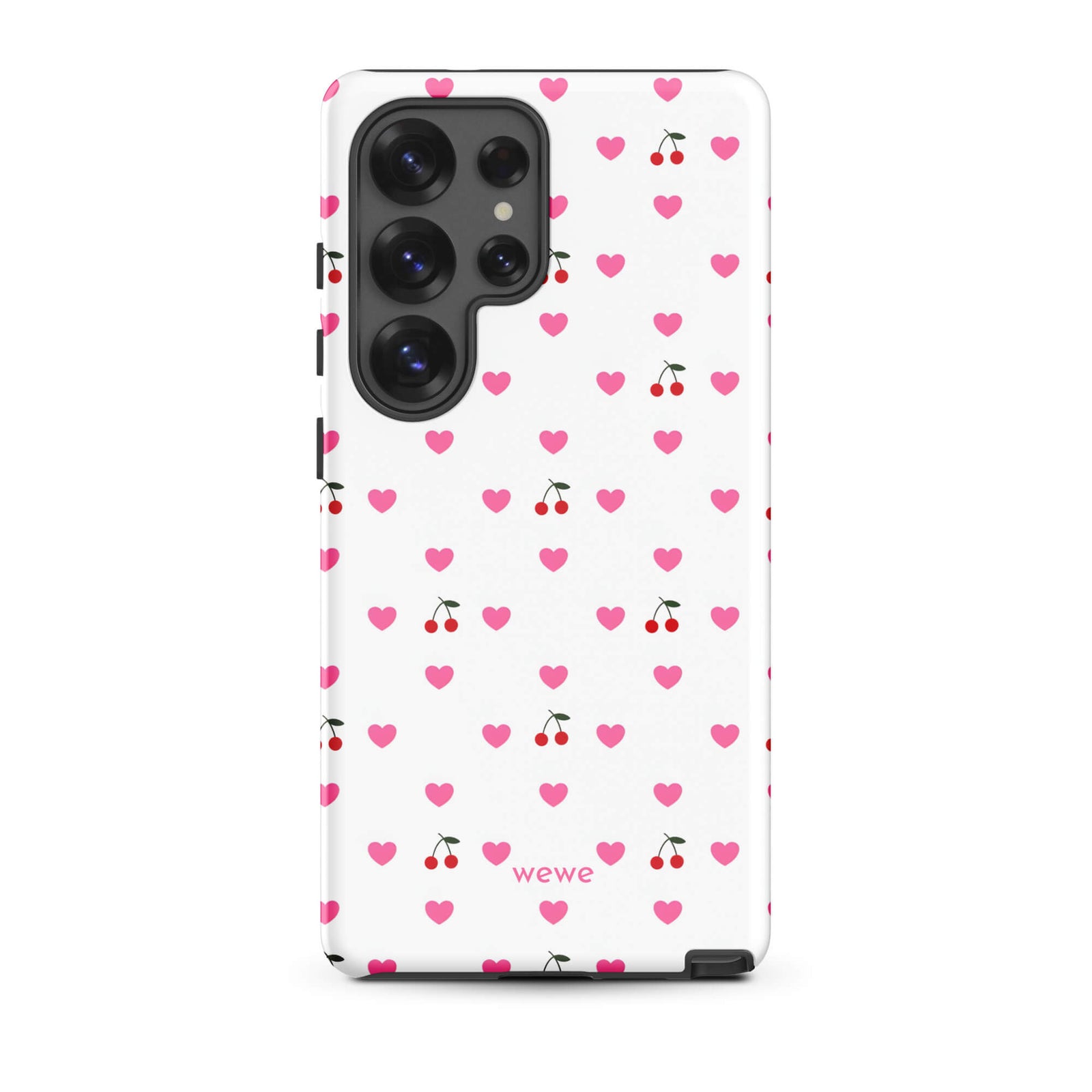 Custom samsung galaxy s25 ultra  Phone case with a seamless texture pattern of small pink hearts and red cherries on a white background.