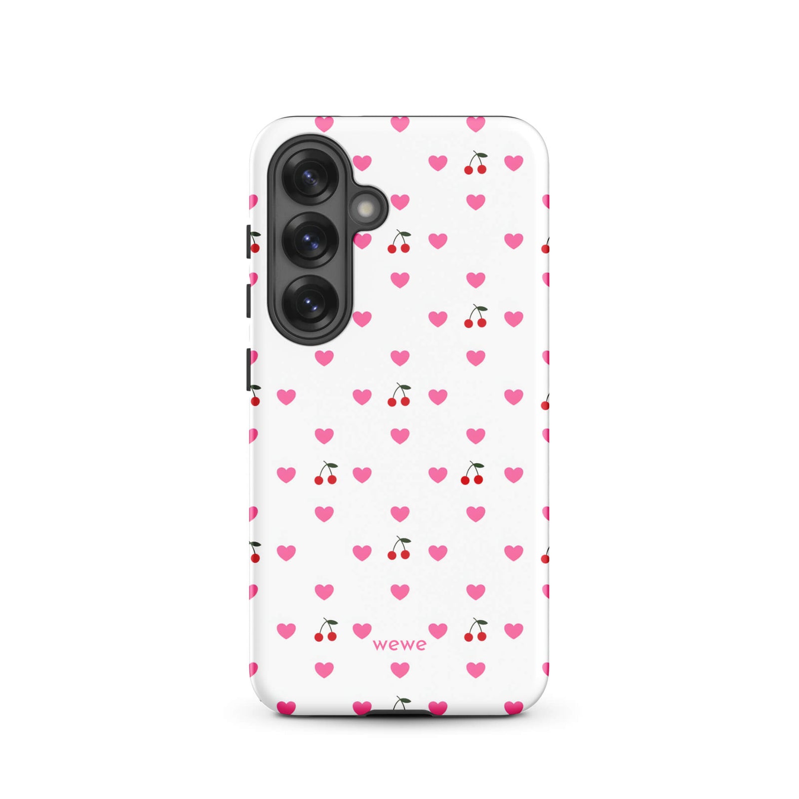 Custom samsung galaxy s25 Phone case with a seamless texture pattern of small pink hearts and red cherries on a white background.