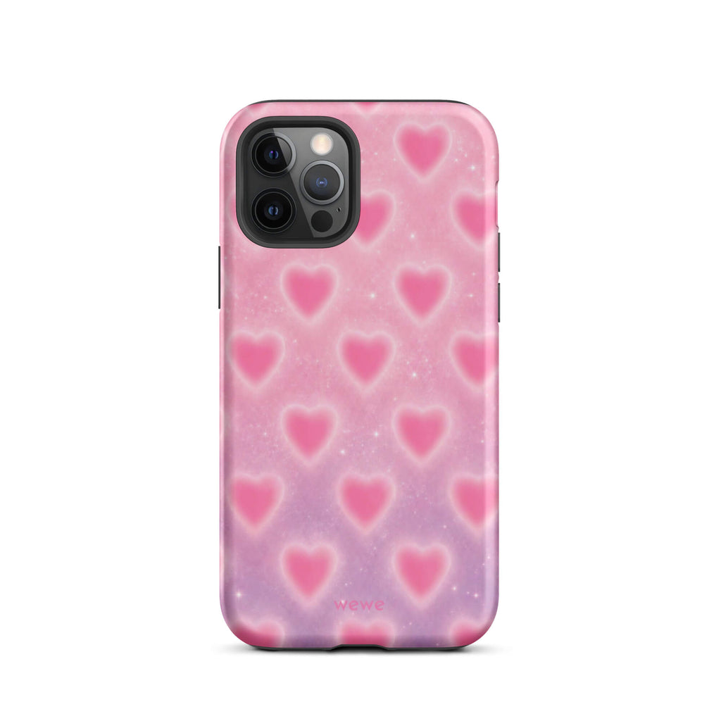 Pink Glow Heart Phone Case featuring dreamy blurred hearts and tiny sparkles in bubblegum pink, blush pink and soft white