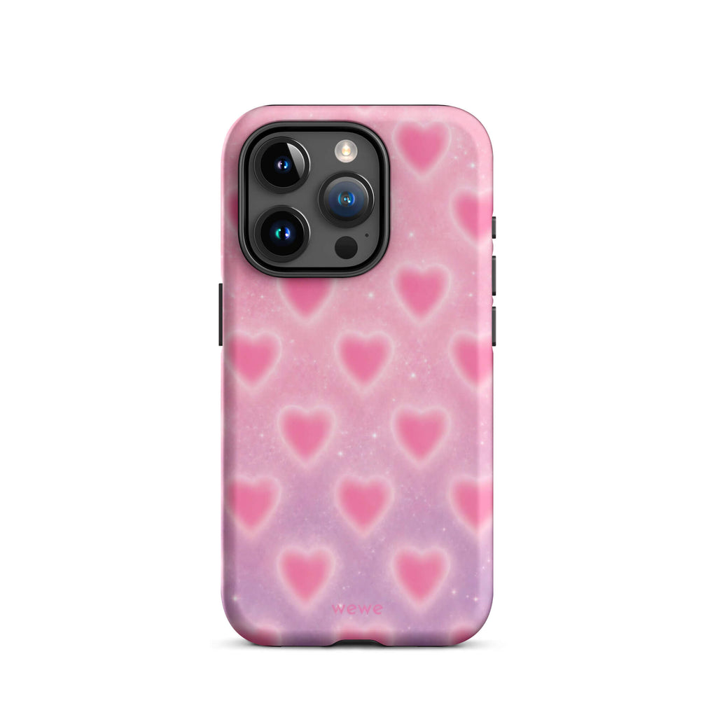 Pink Glow Heart Phone Case featuring dreamy blurred hearts and tiny sparkles in bubblegum pink, blush pink and soft white