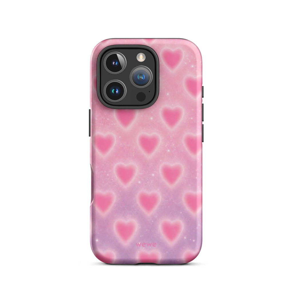 Pink Glow Heart Phone Case featuring dreamy blurred hearts and tiny sparkles in bubblegum pink, blush pink and soft white