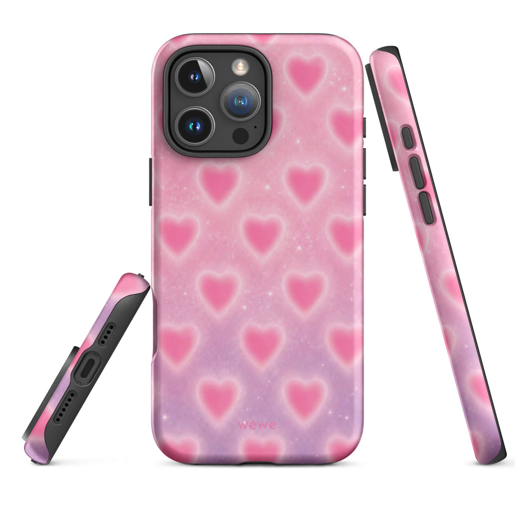 Pink Glow Heart Phone Case featuring dreamy blurred hearts and tiny sparkles in bubblegum pink, blush pink and soft white