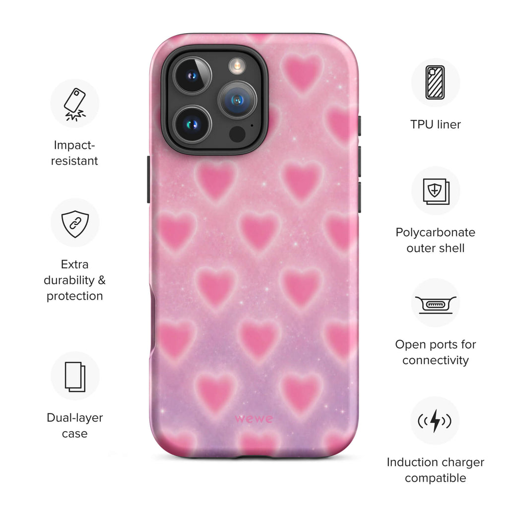 Pink Glow Heart Phone Case featuring dreamy blurred hearts and tiny sparkles in bubblegum pink, blush pink and soft white