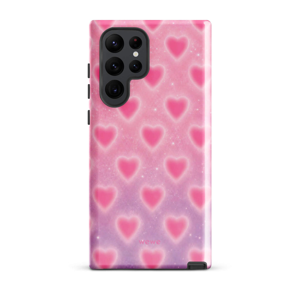 Pink Glow Heart Phone Case featuring dreamy blurred hearts and tiny sparkles in bubblegum pink, blush pink and soft white