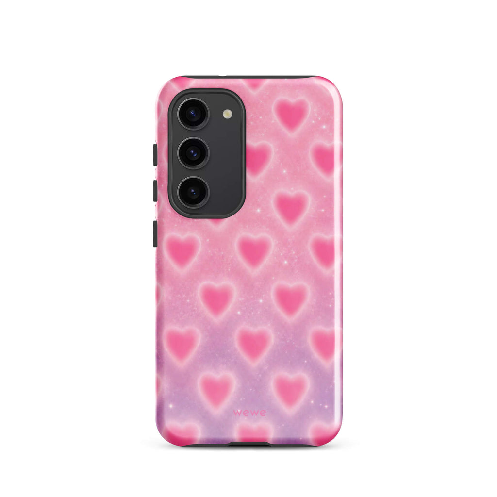 Pink Glow Heart Phone Case featuring dreamy blurred hearts and tiny sparkles in bubblegum pink, blush pink and soft white