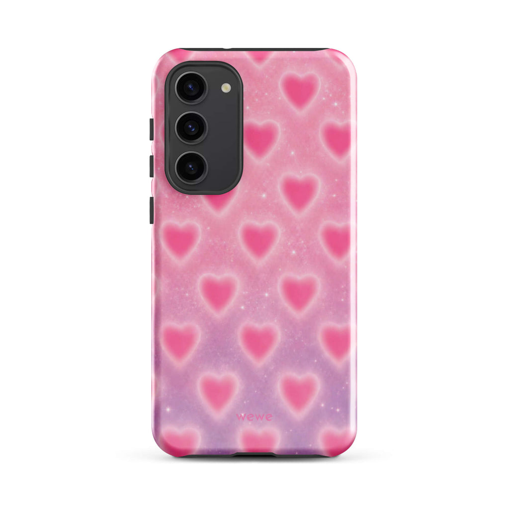 Pink Glow Heart Phone Case featuring dreamy blurred hearts and tiny sparkles in bubblegum pink, blush pink and soft white