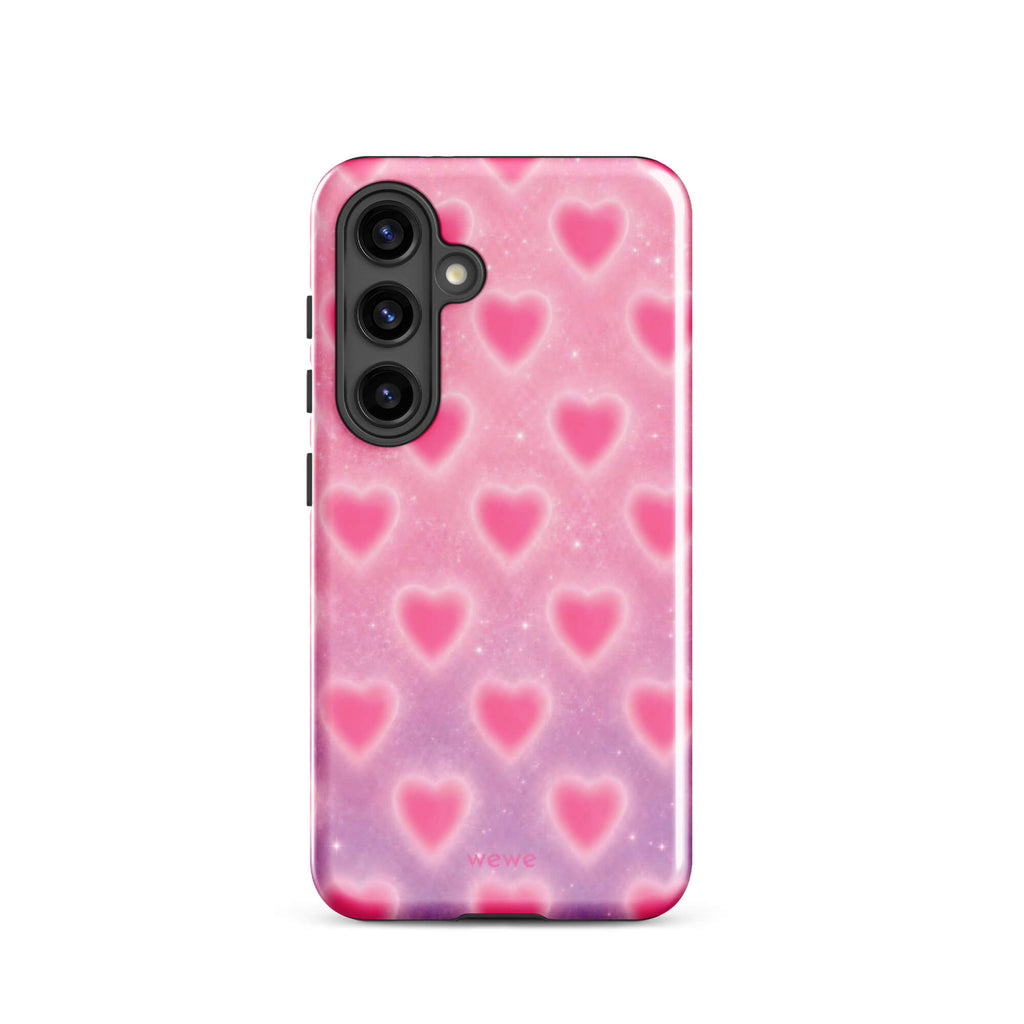 Pink Glow Heart Phone Case featuring dreamy blurred hearts and tiny sparkles in bubblegum pink, blush pink and soft white