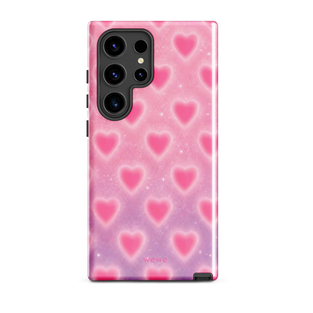 Pink Glow Heart Phone Case featuring dreamy blurred hearts and tiny sparkles in bubblegum pink, blush pink and soft white