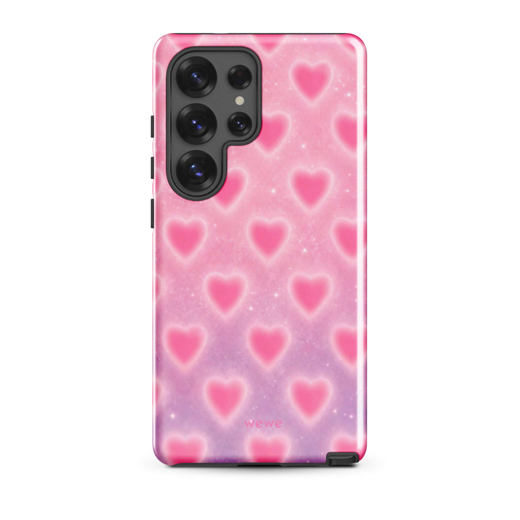 Pink Glow Heart Phone Case featuring dreamy blurred hearts and tiny sparkles in bubblegum pink, blush pink and soft white