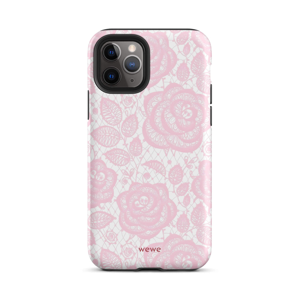 Custom iPhone case 11 pro with a delicate pink and white floral lace pattern featuring roses.