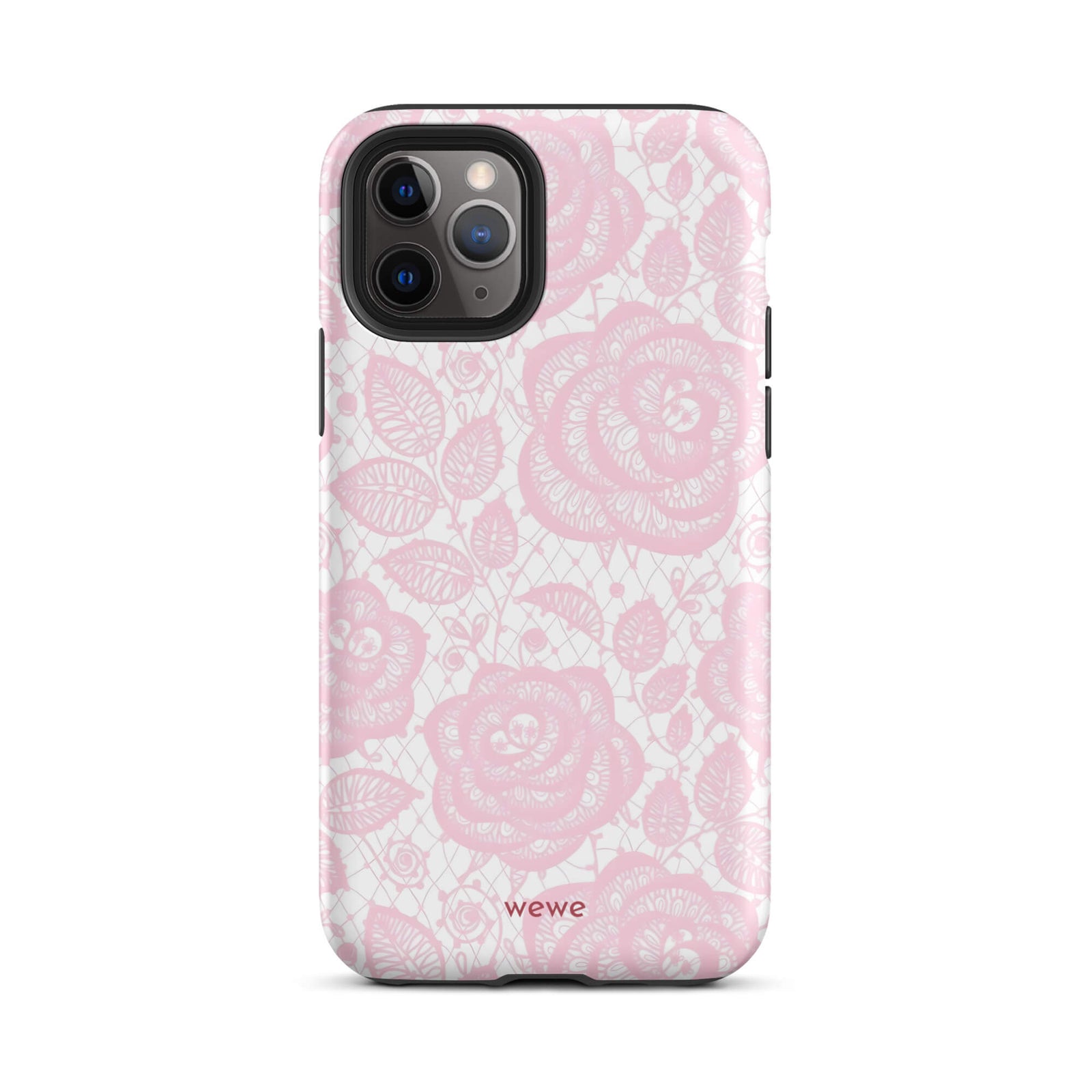 Custom iPhone case 11 pro with a delicate pink and white floral lace pattern featuring roses.