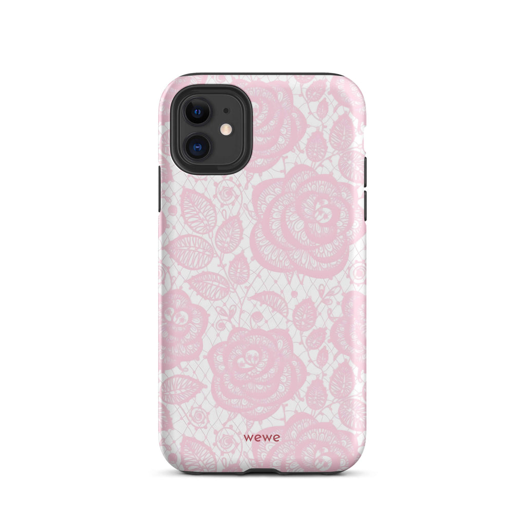 Custom iPhone case 11 with a delicate pink and white floral lace pattern featuring roses.