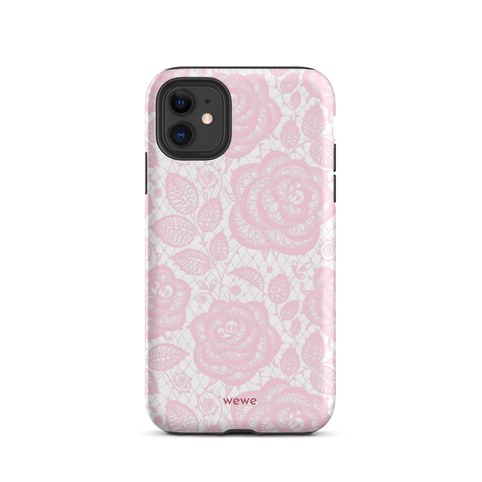 Custom iPhone case 11 with a delicate pink and white floral lace pattern featuring roses.