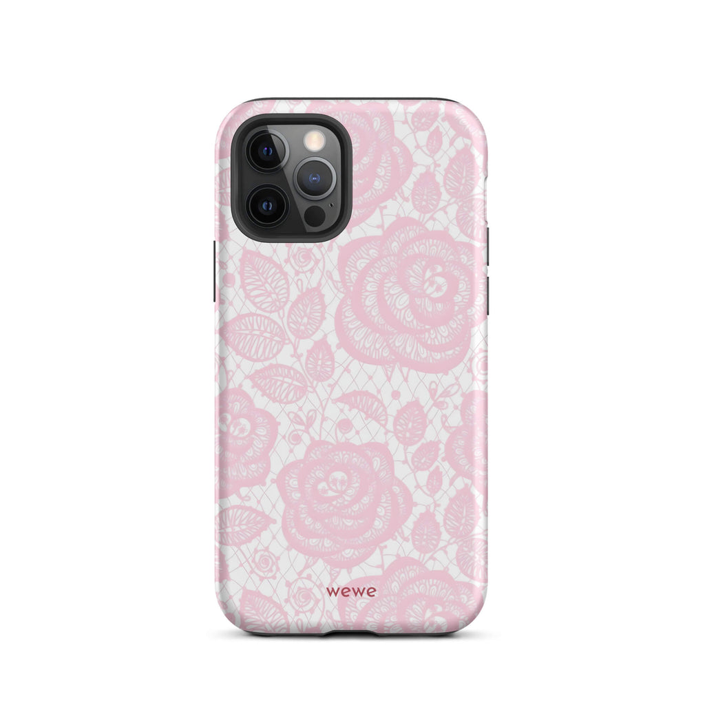 Custom iPhone case 12 pro with a delicate pink and white floral lace pattern featuring roses.