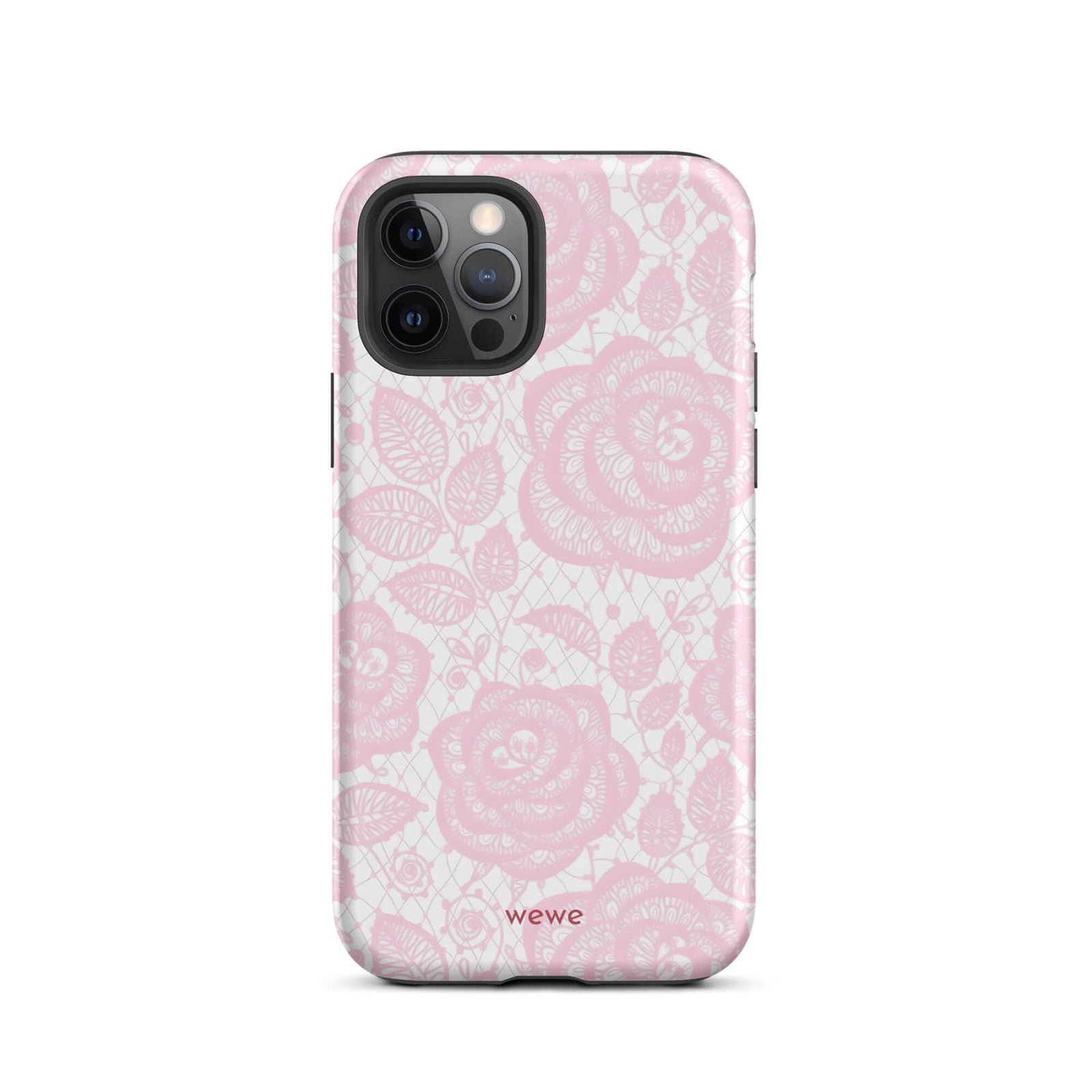 Custom iPhone case 12 pro with a delicate pink and white floral lace pattern featuring roses.