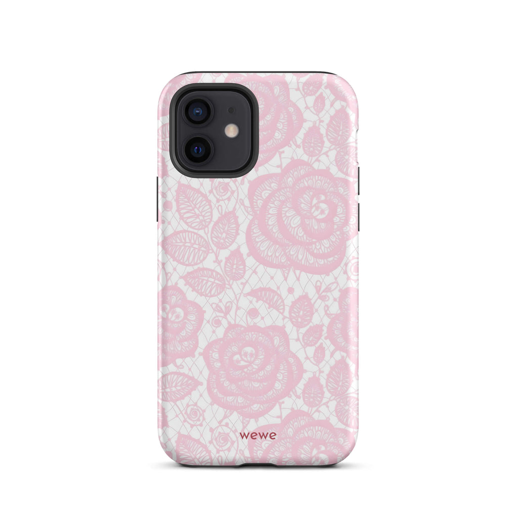 Custom iPhone case 12 with a delicate pink and white floral lace pattern featuring roses.