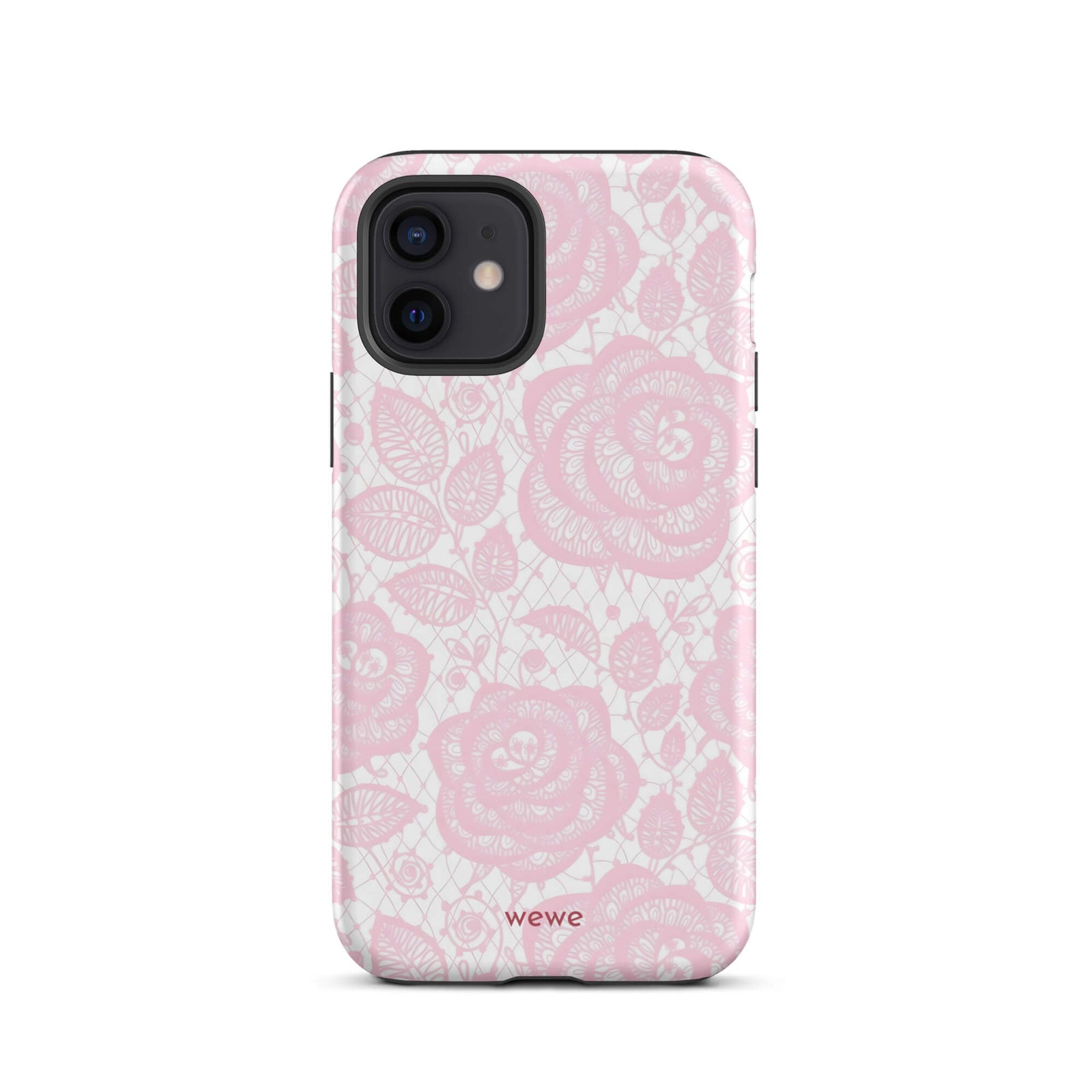 Custom iPhone case 12 with a delicate pink and white floral lace pattern featuring roses.