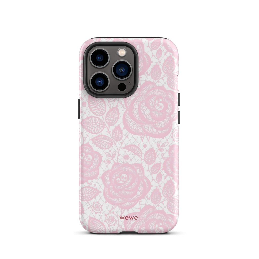 Custom iPhone case 13 pro with a delicate pink and white floral lace pattern featuring roses.