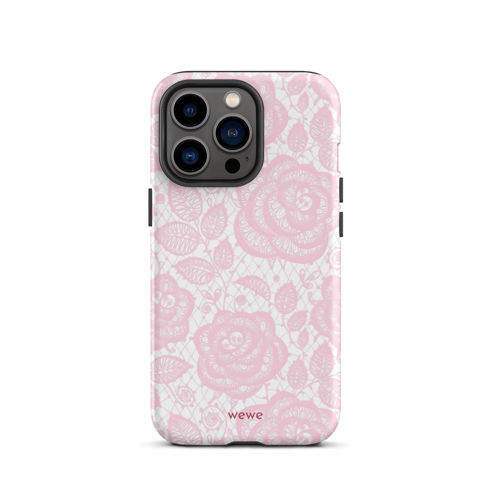 Custom iPhone case 13 pro with a delicate pink and white floral lace pattern featuring roses.