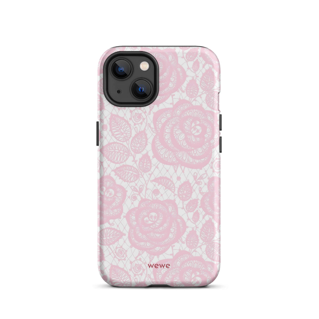 Custom iPhone case 13 with a delicate pink and white floral lace pattern featuring roses.