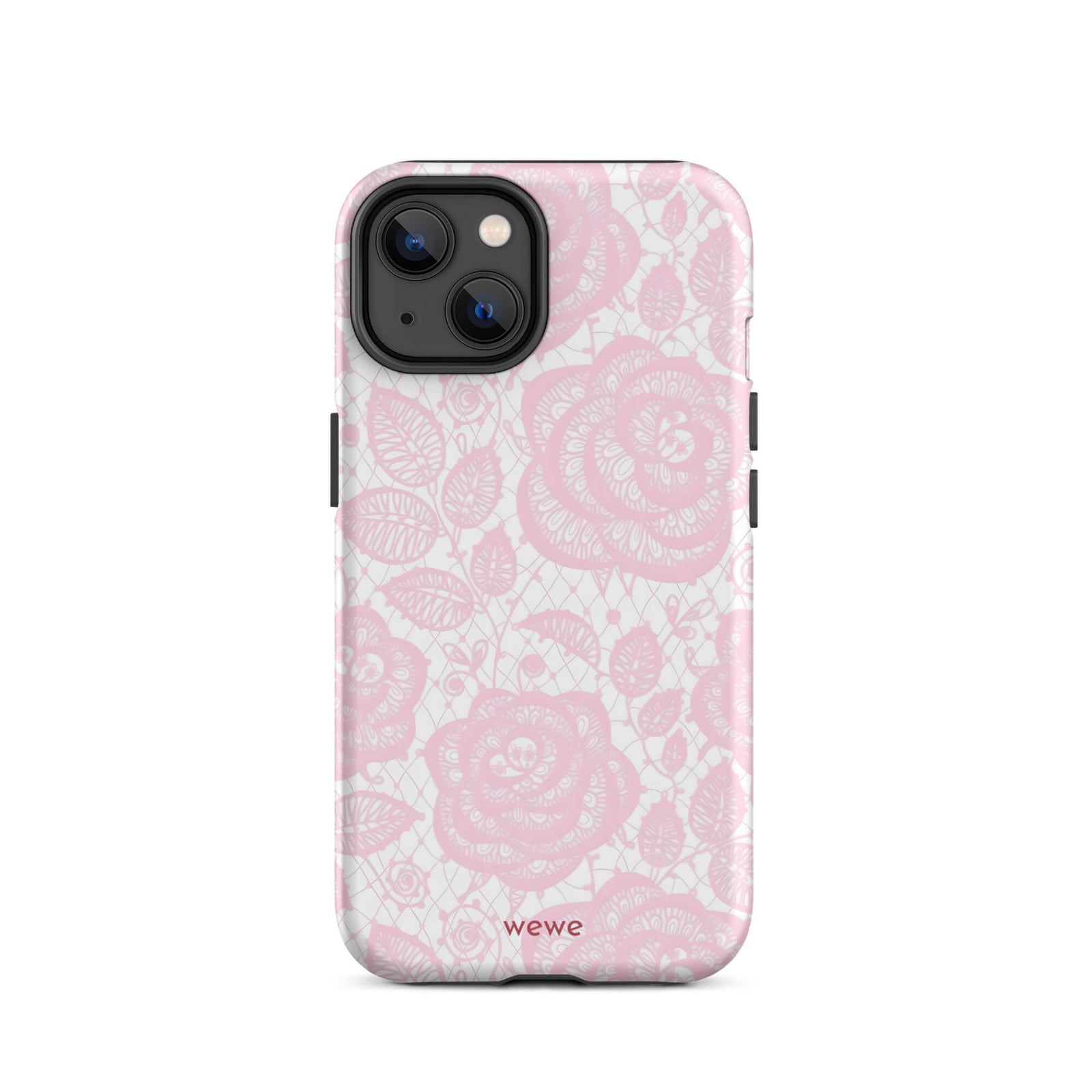 Custom iPhone case 14 with a delicate pink and white floral lace pattern featuring roses.