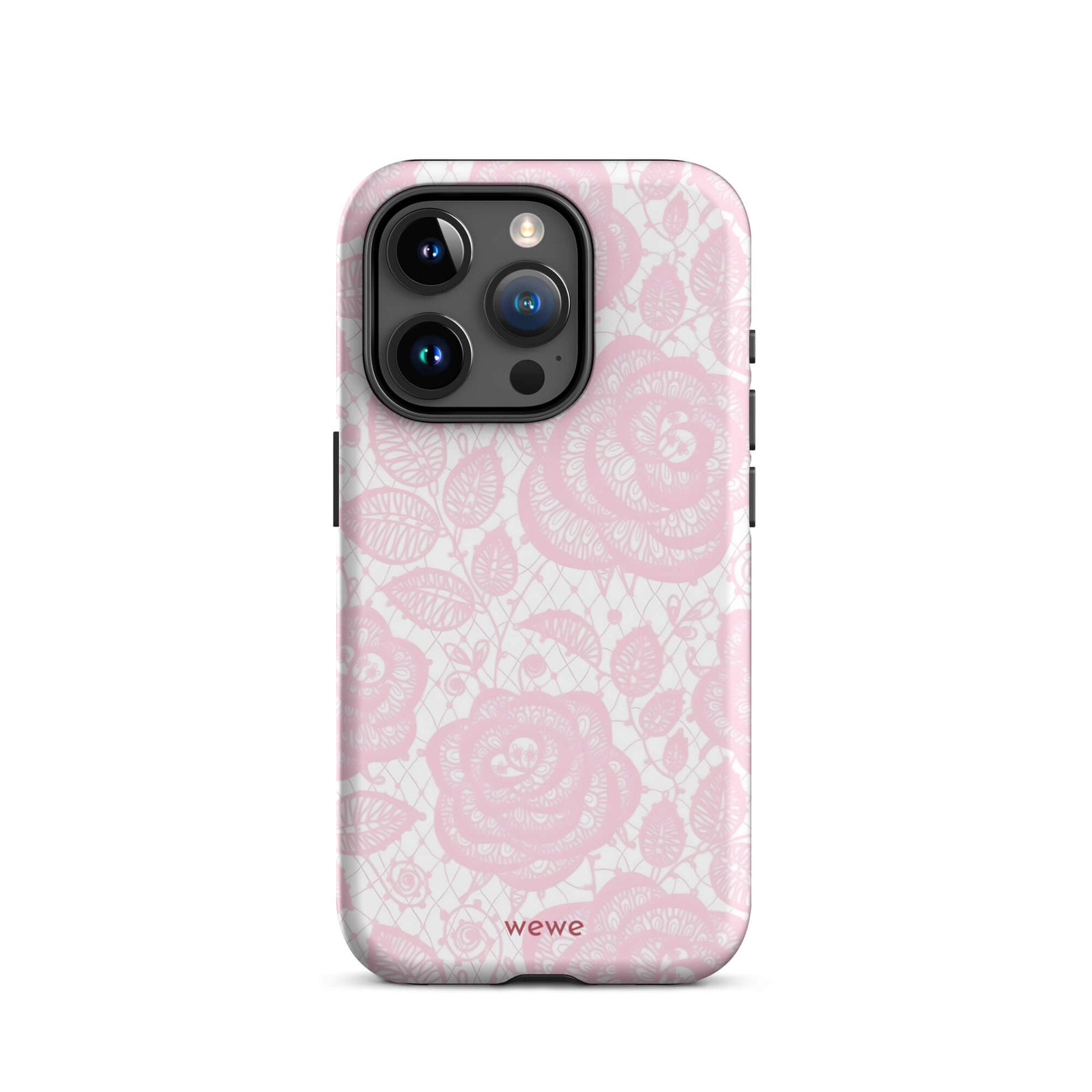 Custom iPhone case 15 pro with a delicate pink and white floral lace pattern featuring roses.