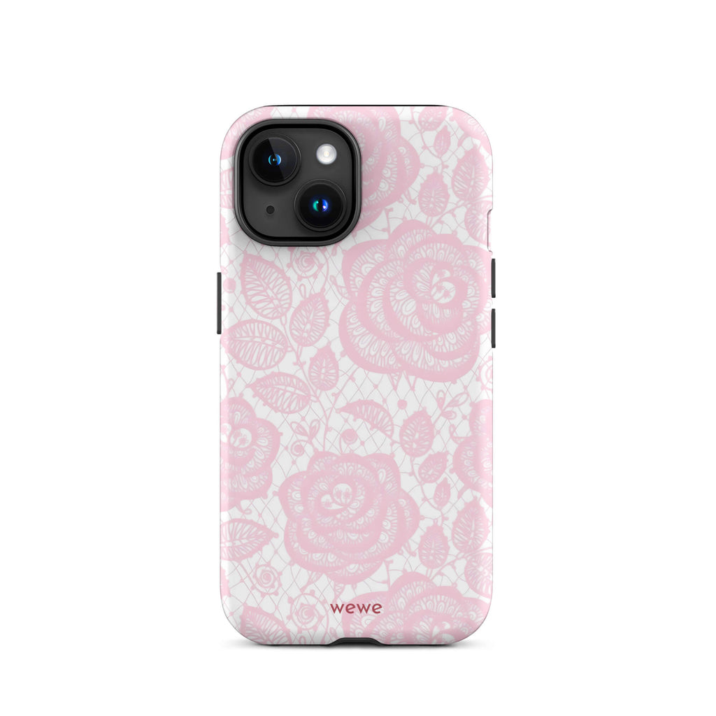 Custom iPhone case 15 with a delicate pink and white floral lace pattern featuring roses.