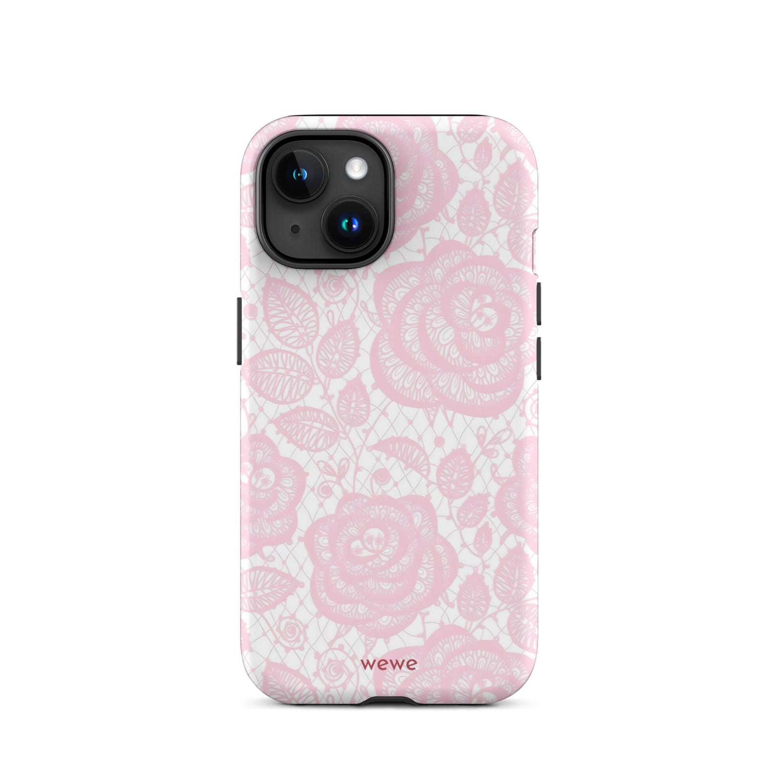 Custom iPhone case 15 with a delicate pink and white floral lace pattern featuring roses.