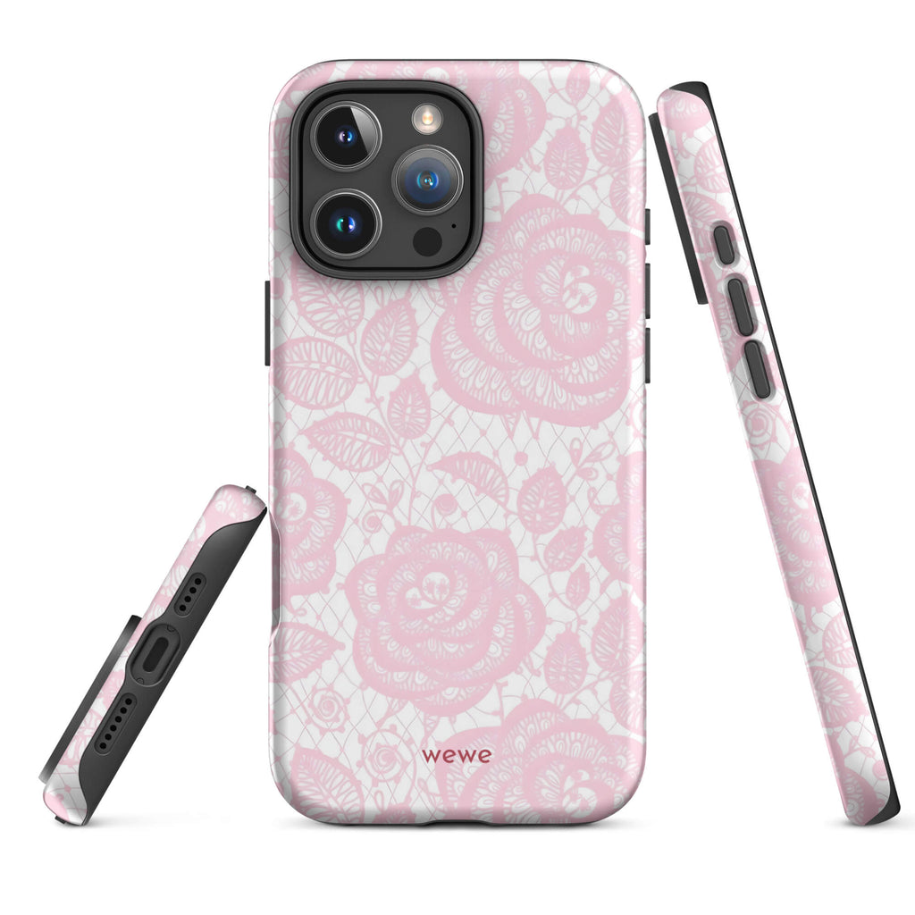 Custom pink lace iphone case 16 pro max romantic aesthetic.