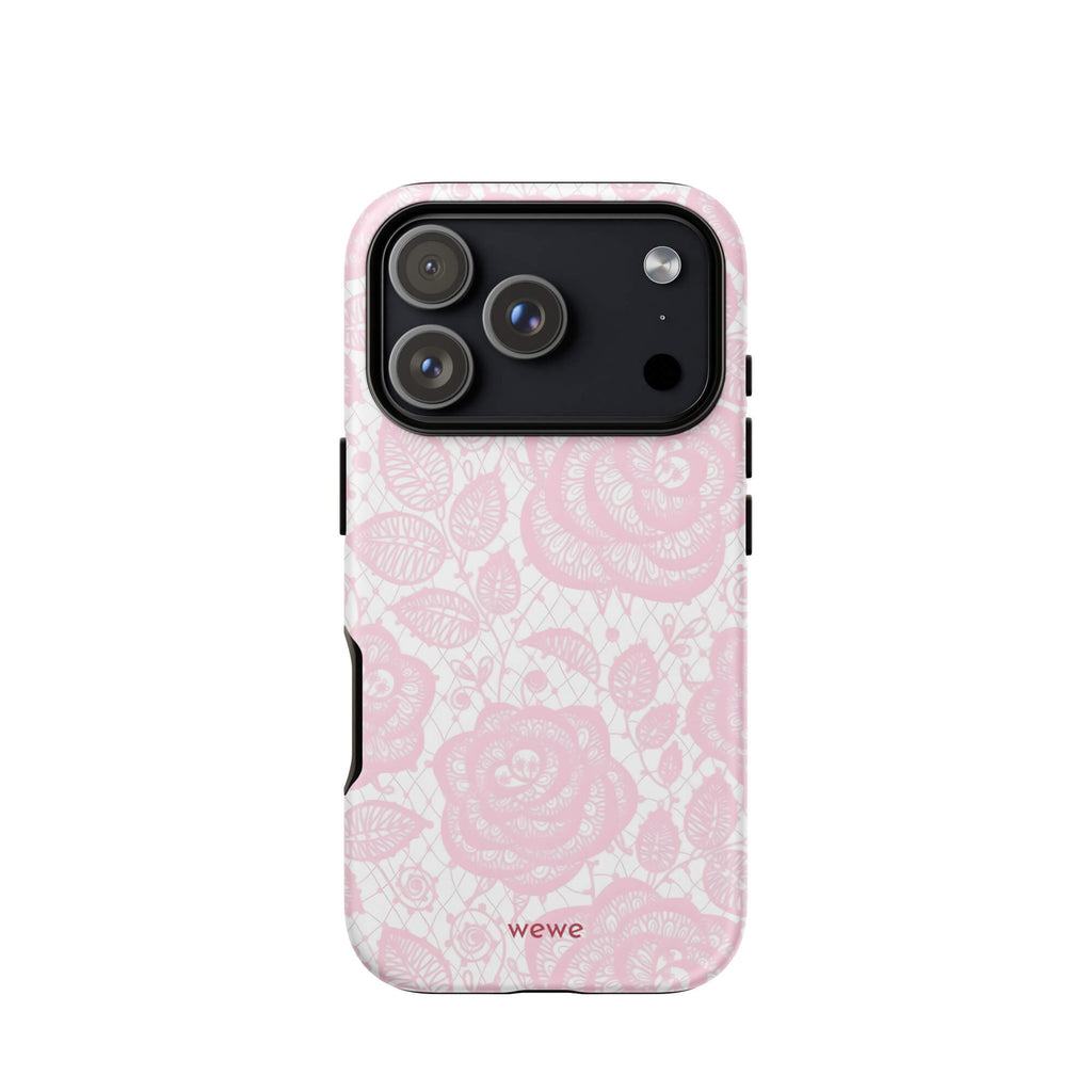 Custom pink lace iphone case 17 pro romantic aesthetic.