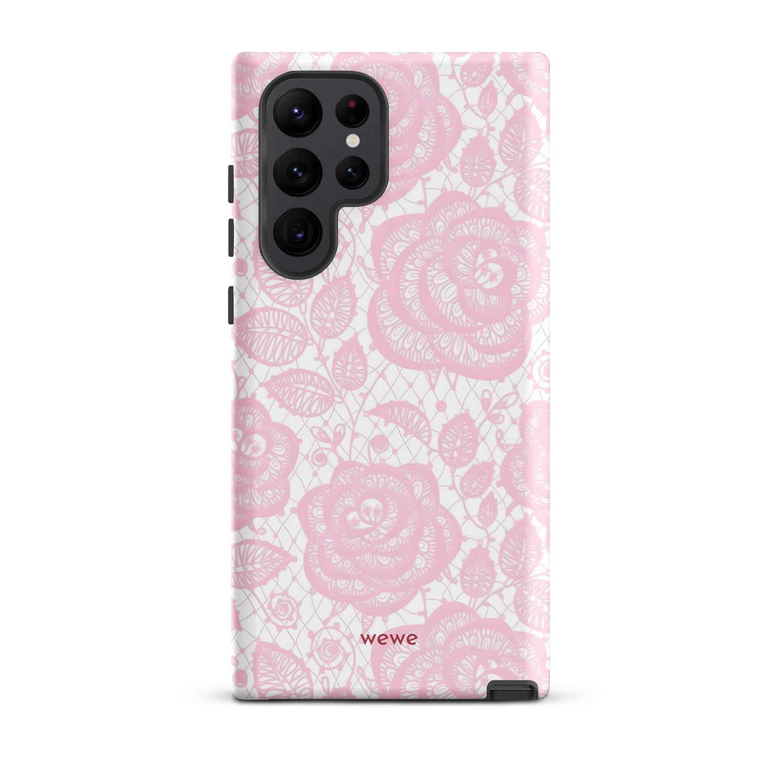 Custom samsung galaxy s22 ultra  Phone case with a delicate pink and white floral lace pattern featuring roses.