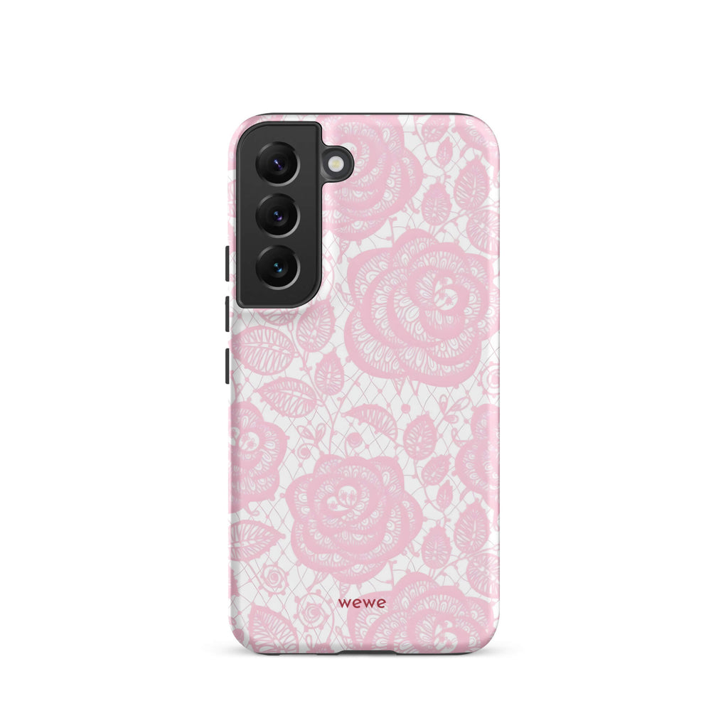 Custom samsung galaxy s22 Phone case with a delicate pink and white floral lace pattern featuring roses.