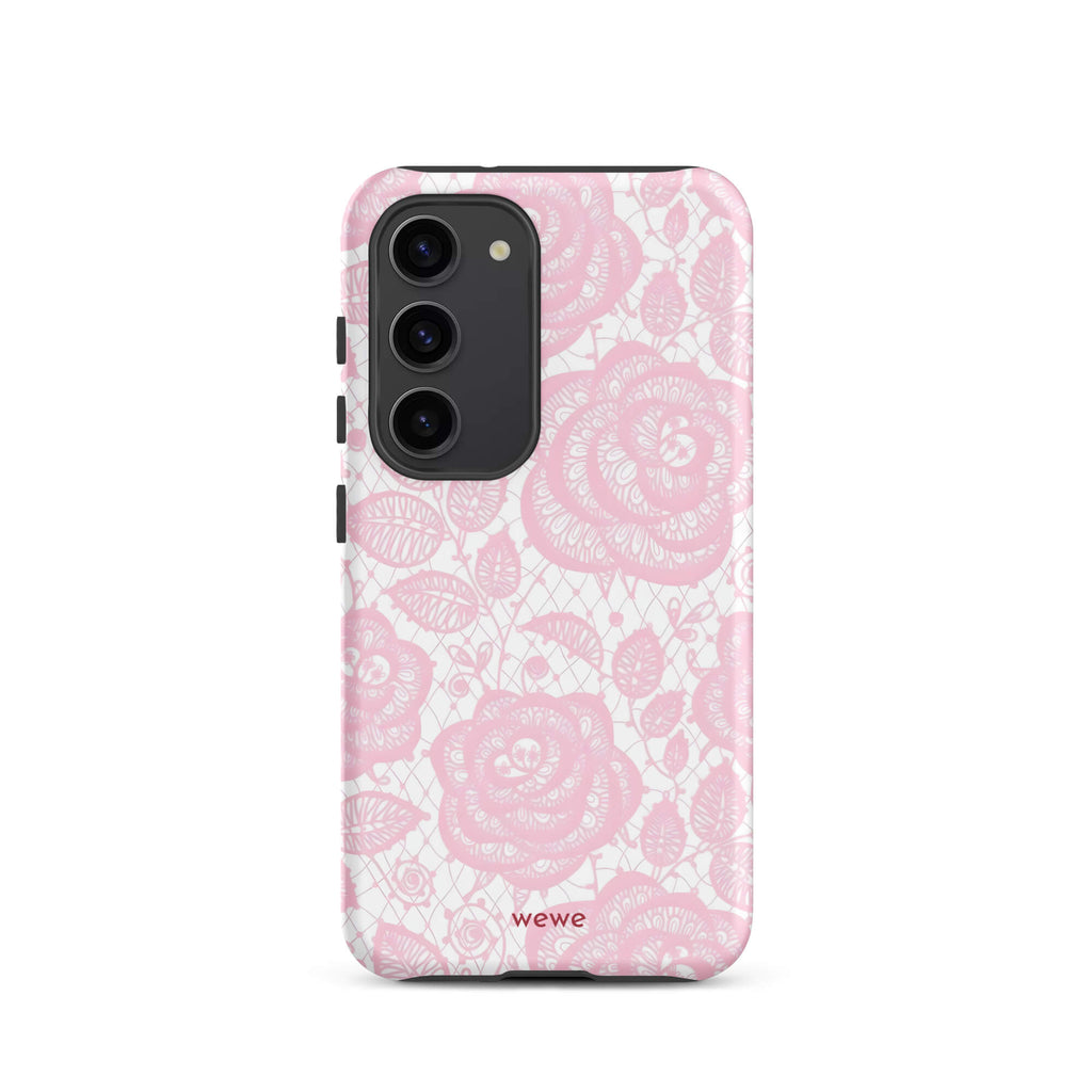 Custom samsung galaxy s23 Phone case with a delicate pink and white floral lace pattern featuring roses.