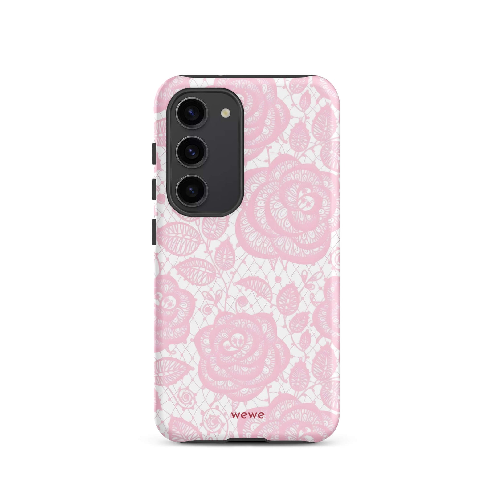 Custom samsung galaxy s23 Phone case with a delicate pink and white floral lace pattern featuring roses.