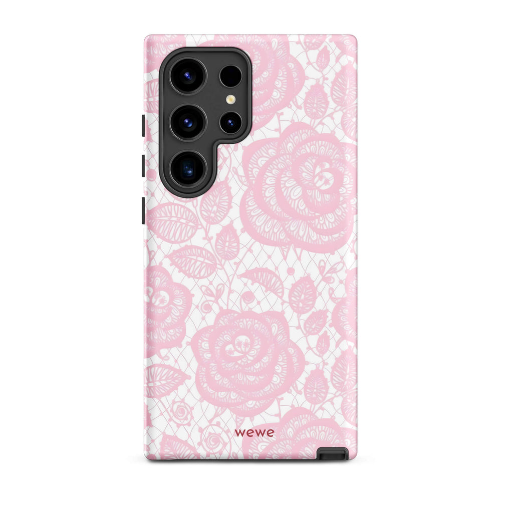 Custom samsung galaxy s24 ultra  Phone case with a delicate pink and white floral lace pattern featuring roses.