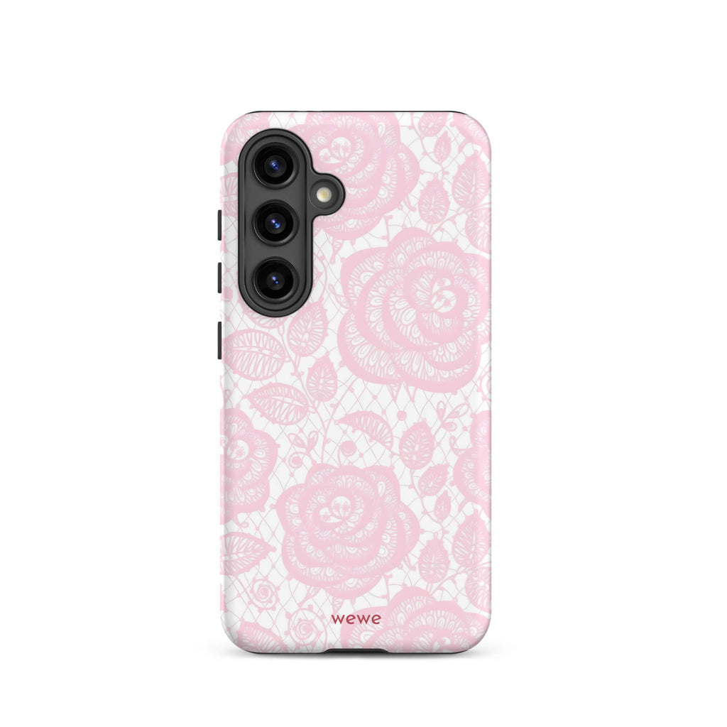 Custom samsung galaxy s24 Phone case with a delicate pink and white floral lace pattern featuring roses.