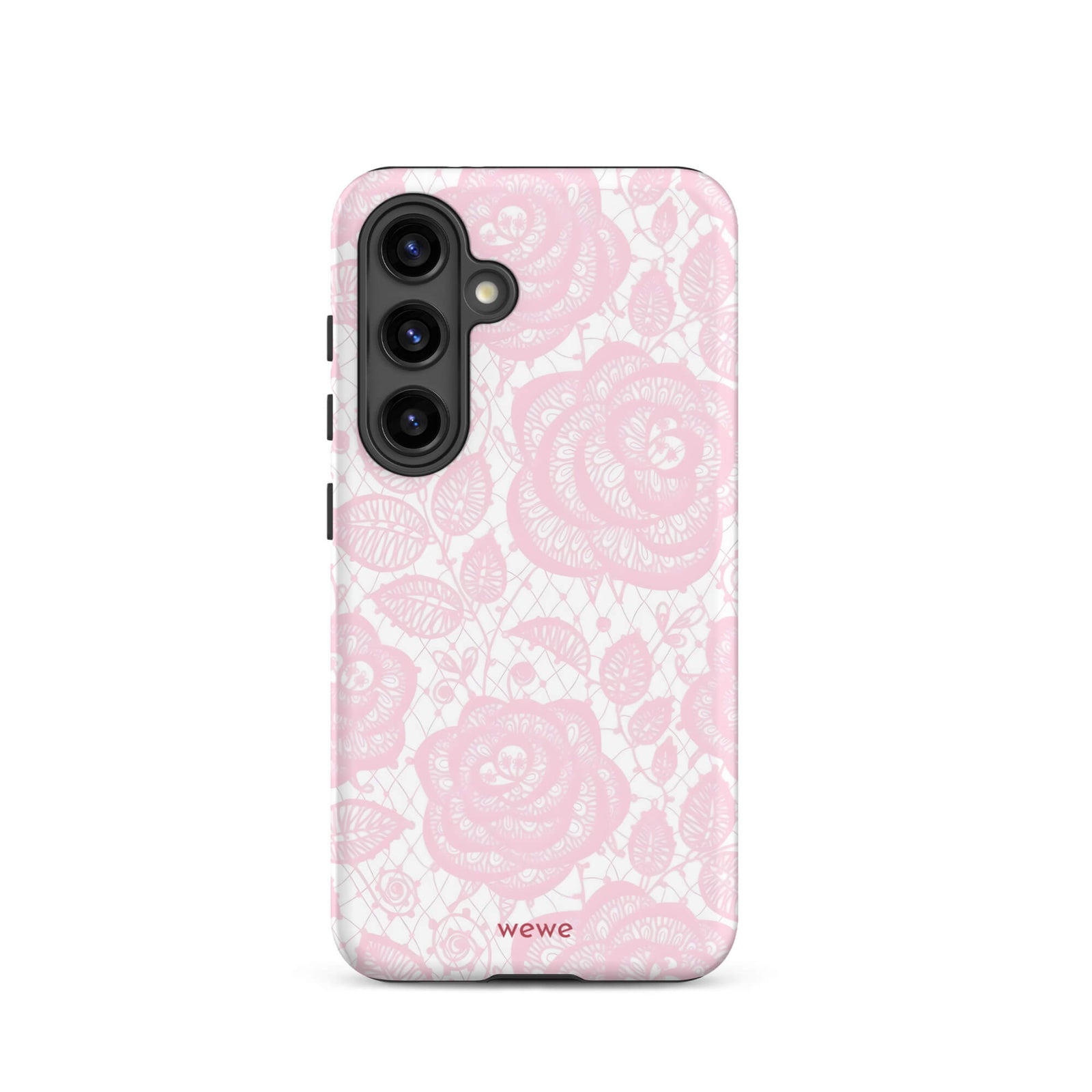 Custom samsung galaxy s24 Phone case with a delicate pink and white floral lace pattern featuring roses.