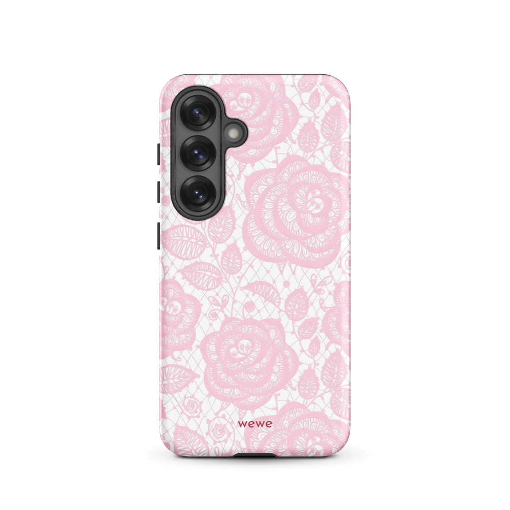 Custom samsung galaxy s25 Phone case with a delicate pink and white floral lace pattern featuring roses.